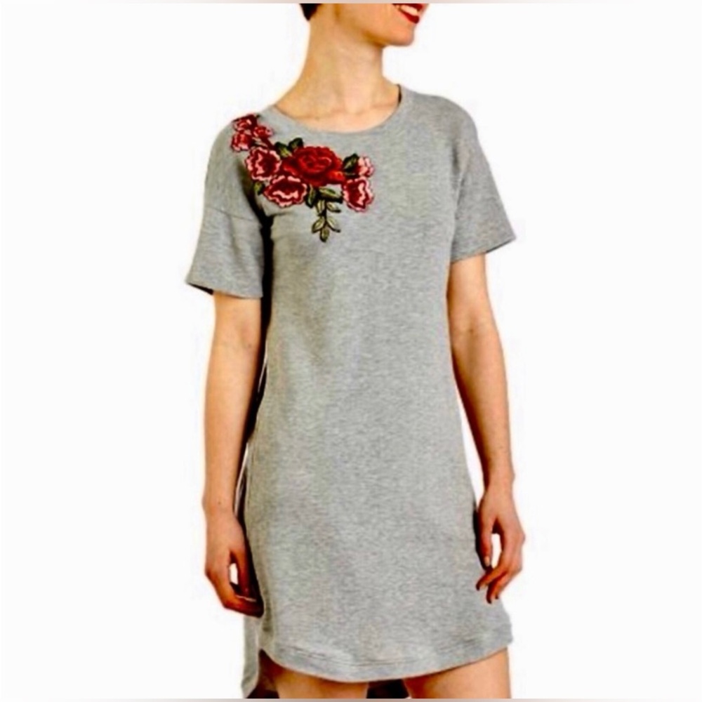 POTTER’S POT Boho Floral Embroidered Grey Knit T-shirt Tunic Dress Size M